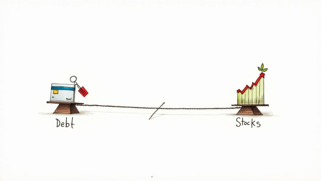 A person using a calculator with financial documents and a laptop in the background, illustrating financial decision-making.