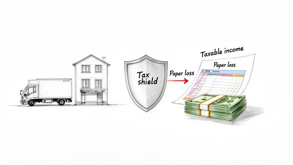 Illustration of a tax shield transforming real estate and truck assets into paper loss, reducing taxable income.