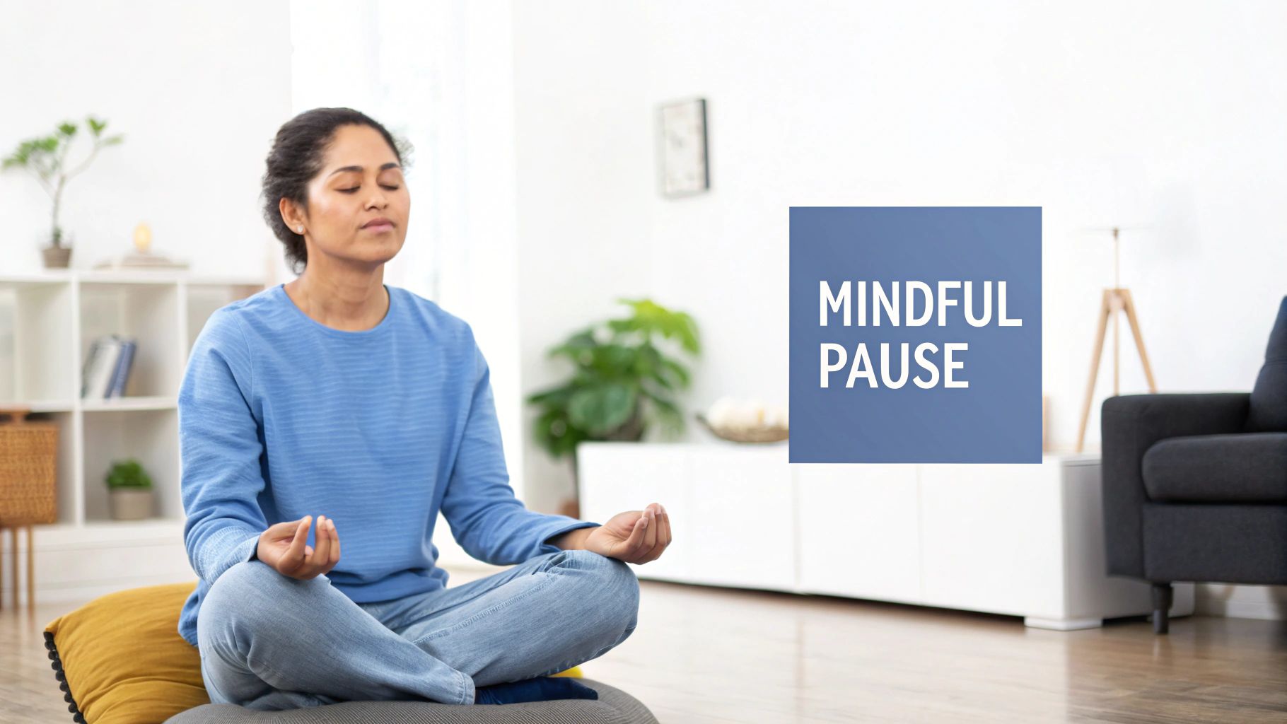 A woman meditates in a peaceful, bright room, sitting cross-legged on cushions with closed eyes and "MINDFUL PAUSE" text overlay.