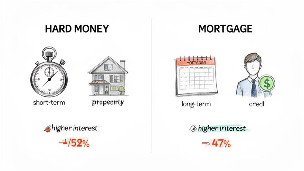 An infographic comparing hard money loans (short-term, property, 52% interest) with mortgages (long-term, credit, 47% interest).