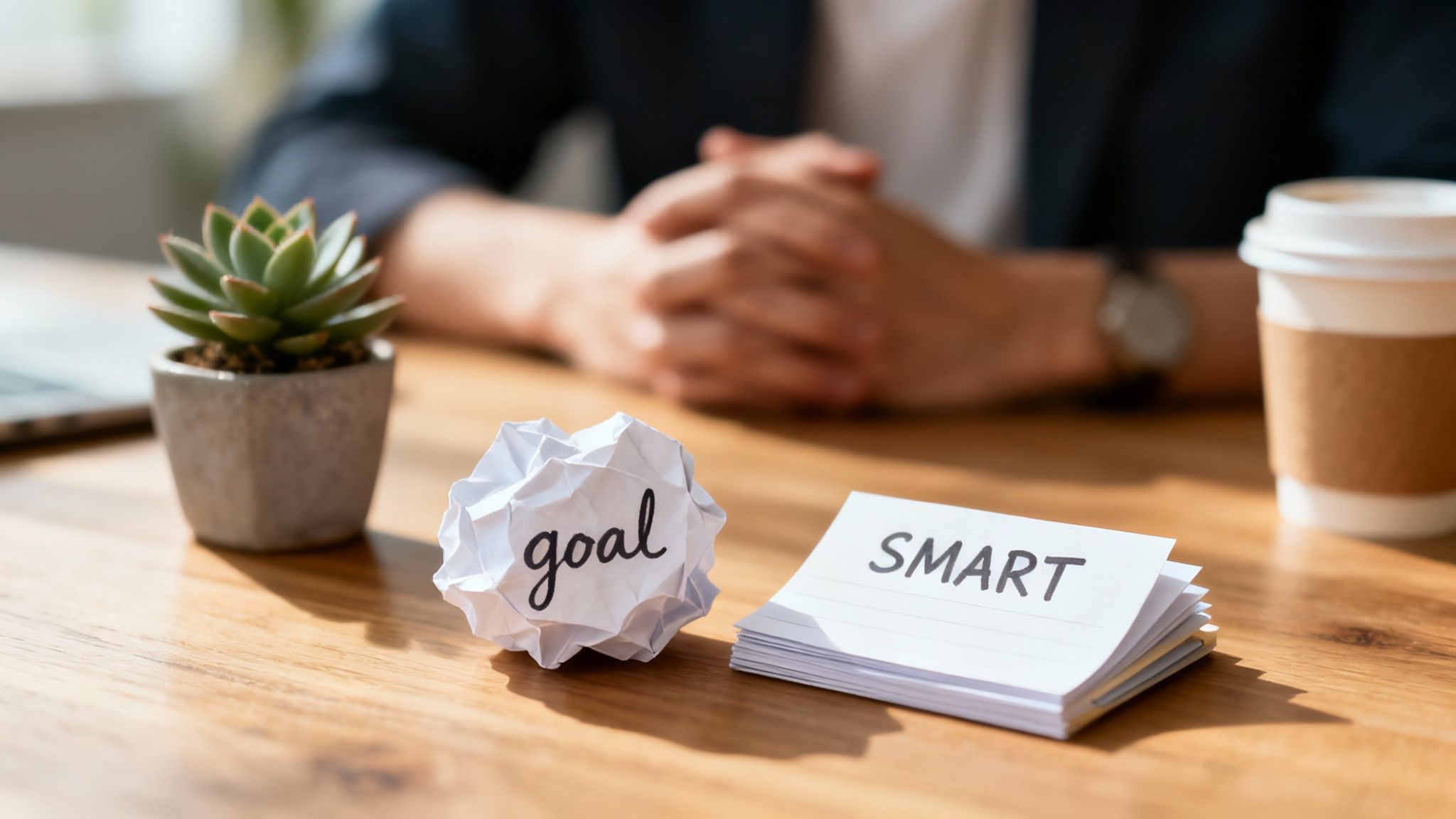 A person sits at a desk with a crumpled paper 'goal' and 'SMART' cards for strategic planning.
