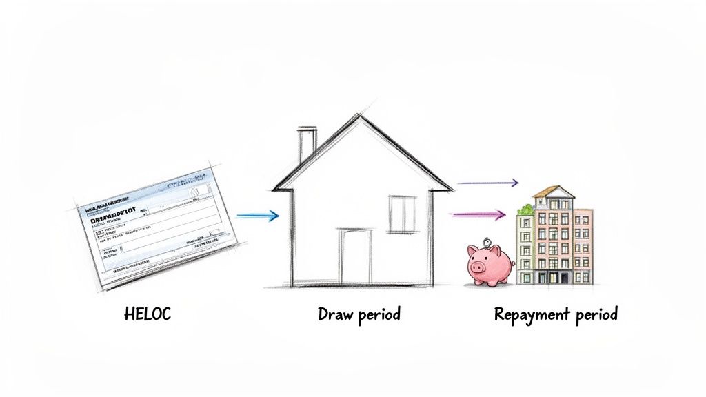 Illustration of a Home Equity Line of Credit (HELOC) process, showing draw and repayment periods with a house and building.
