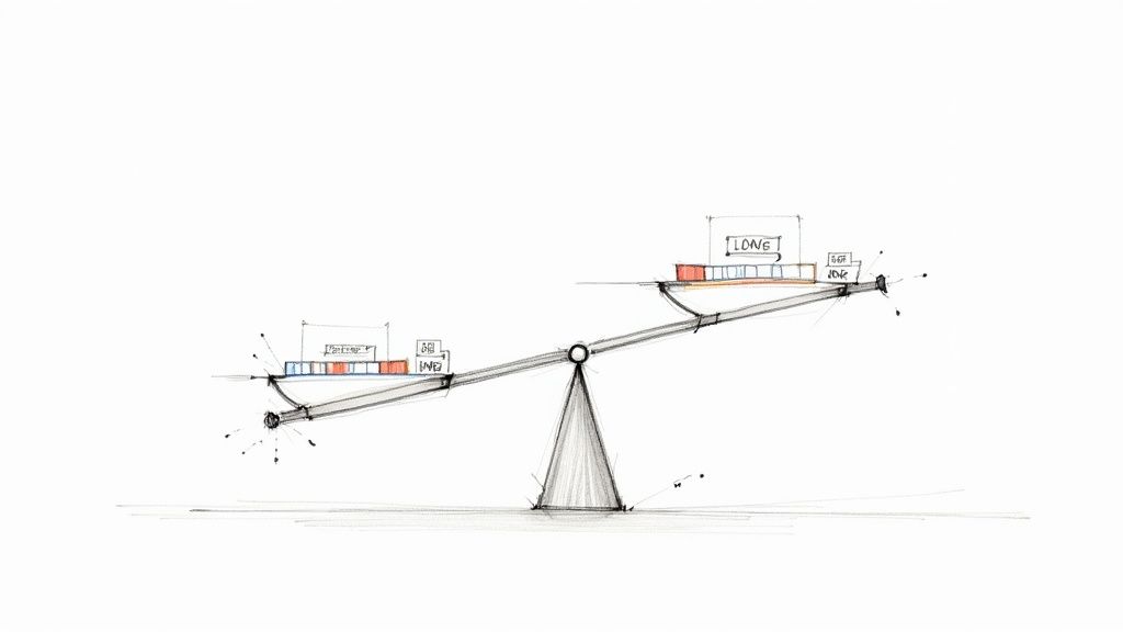 A hand-drawn seesaw illustration, showing 'SHORT' on the lower side and 'LONG' on the higher side, representing investment strategies.