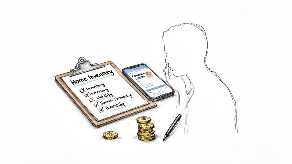 An illustration of home inventory checklist, a smartphone comparing quotes, coins, and a person thinking.