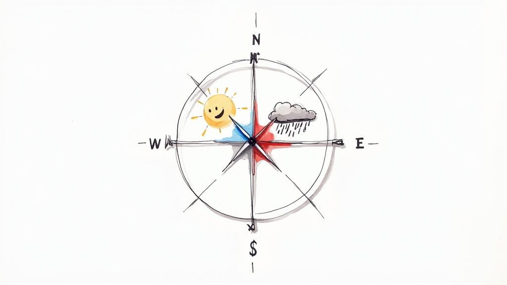 A compass pointing toward a stormy, volatile sky, representing market volatility as a guide for investors.
