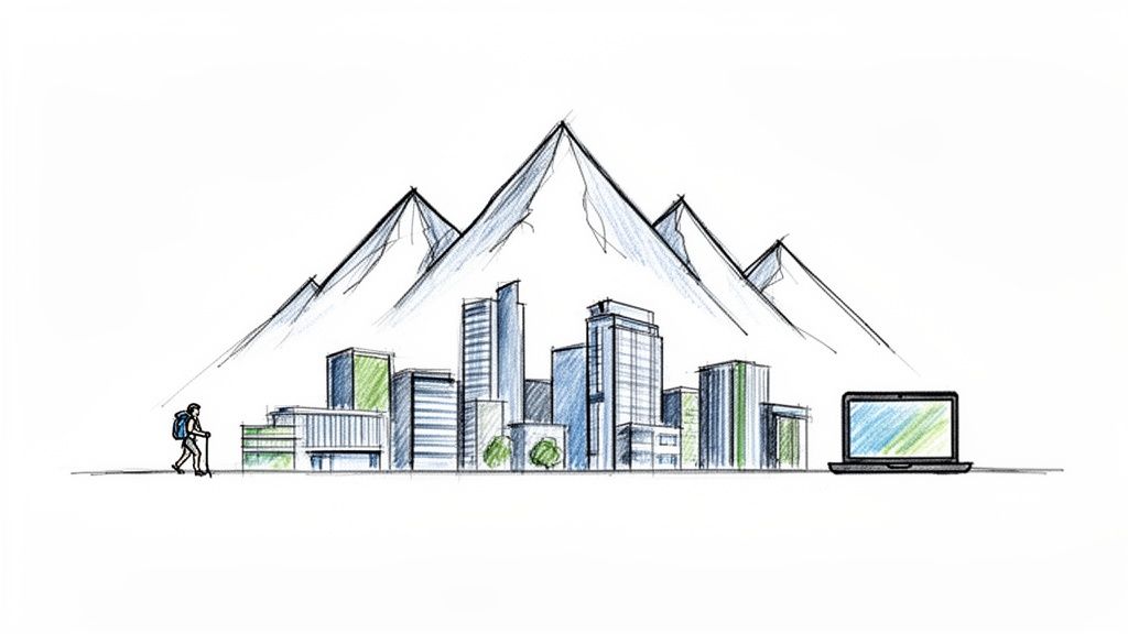 Sketch of a hiker, city buildings, mountains, and a laptop, blending urban and natural elements.