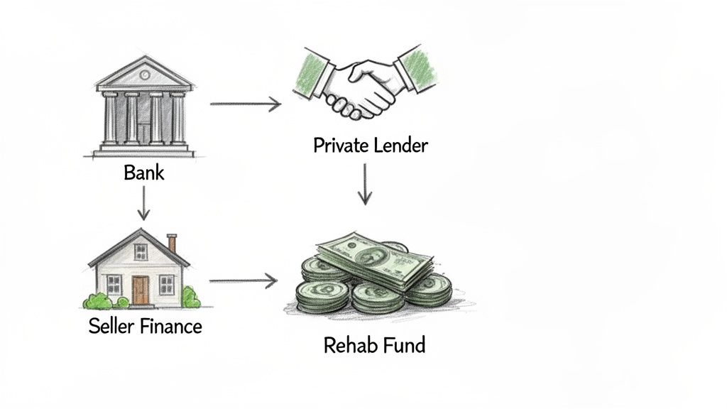 Flowchart illustrating a real estate investment funding model with bank, private lender, seller finance, and rehab fund.