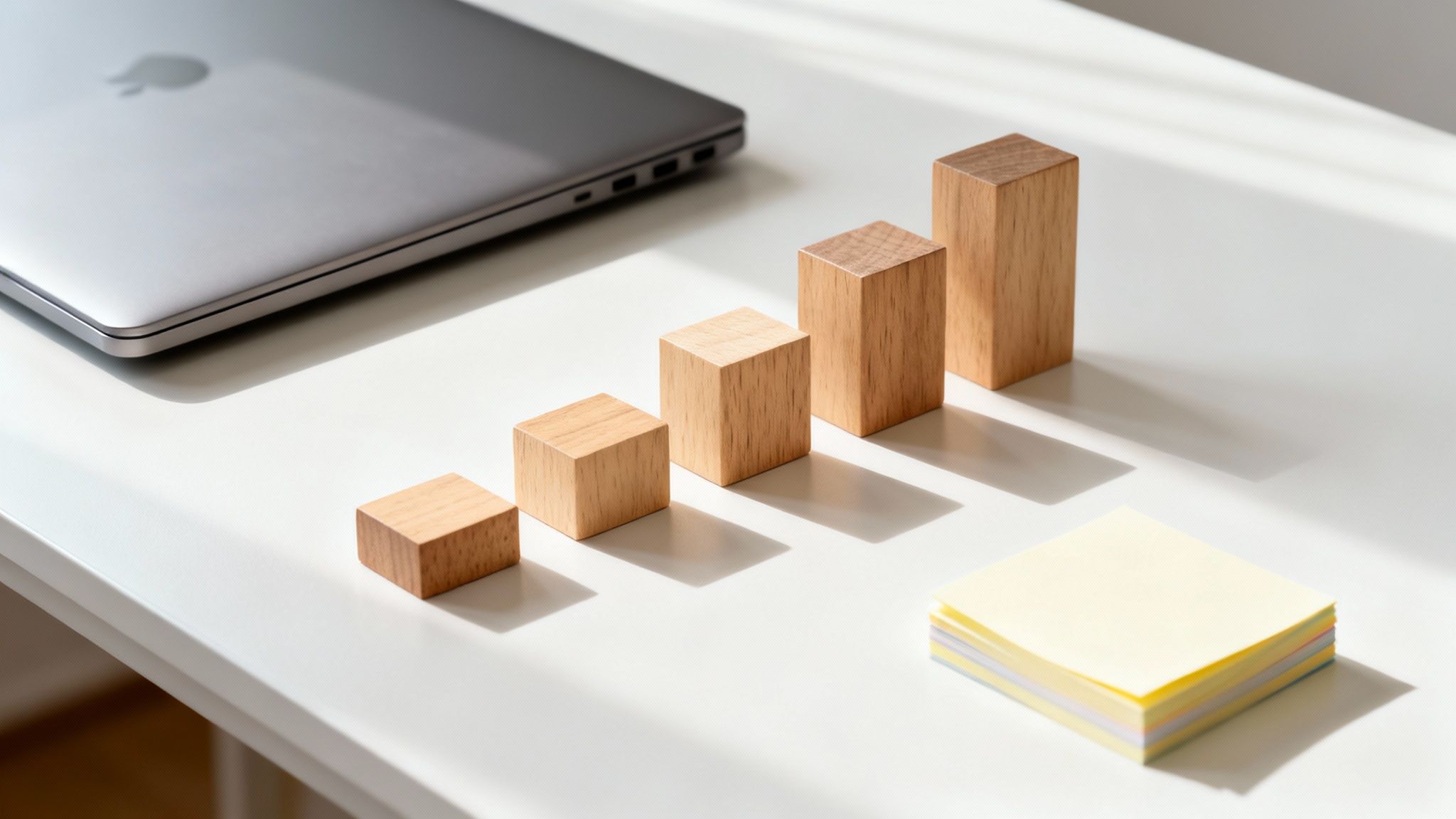 A laptop, a rising bar graph made of wooden blocks, and sticky notes on a white desk.