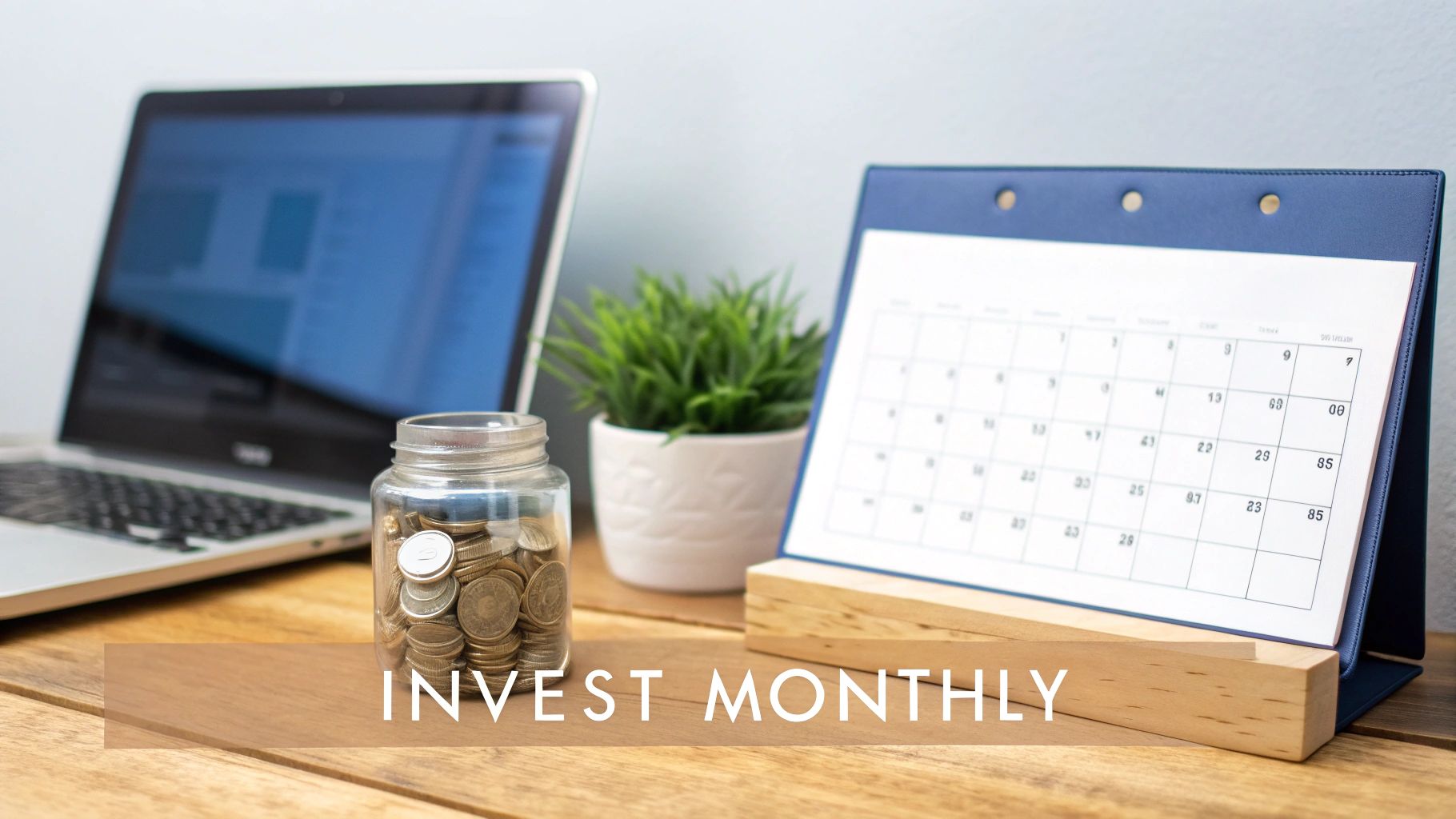 A desk with a laptop, a jar of coins, a plant, and a calendar, featuring text 'INVEST MONTHLY'.
