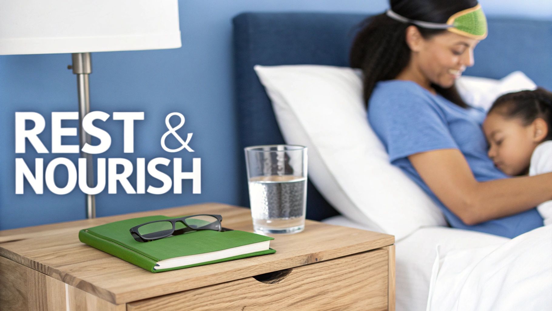 A mother and child resting peacefully in bed with a nightstand and text 'REST & NOURISH'.