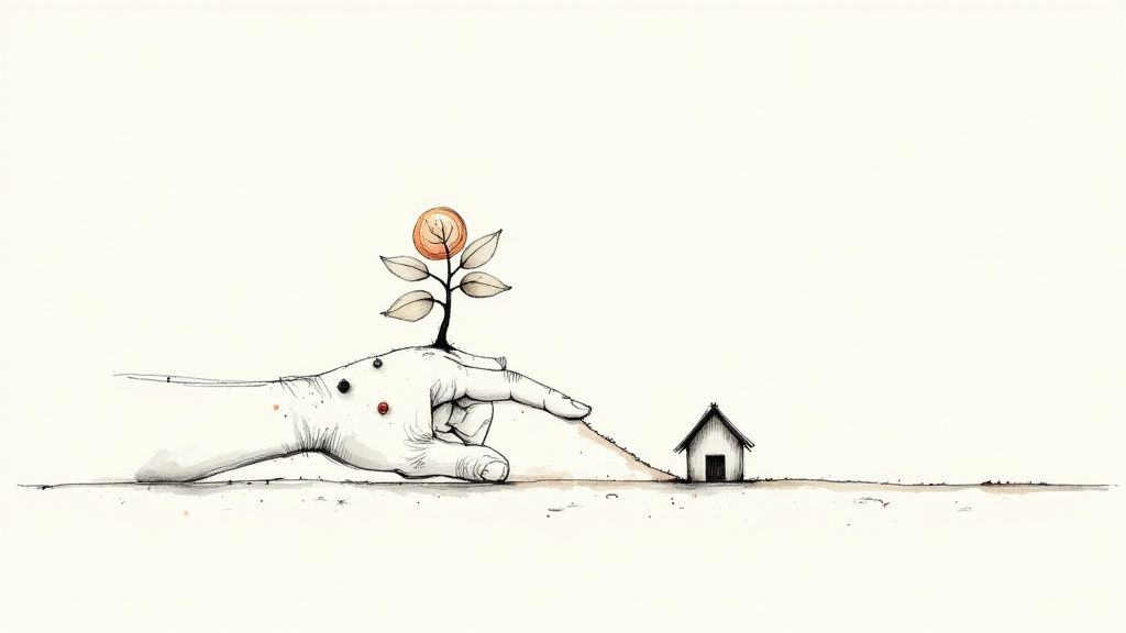 Stylized hand with a money plant growing from it, pointing towards a small house.