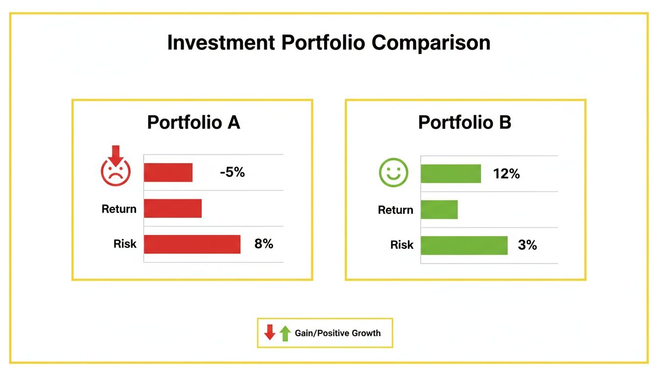 Infographic comparing two investment portfolios, highlighting their returns and associated risk levels.