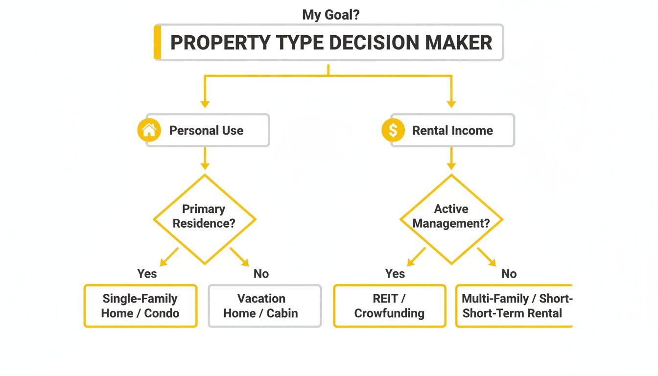 A flowchart titled 'Property Type Decision Maker' guiding choices for personal use or rental income.