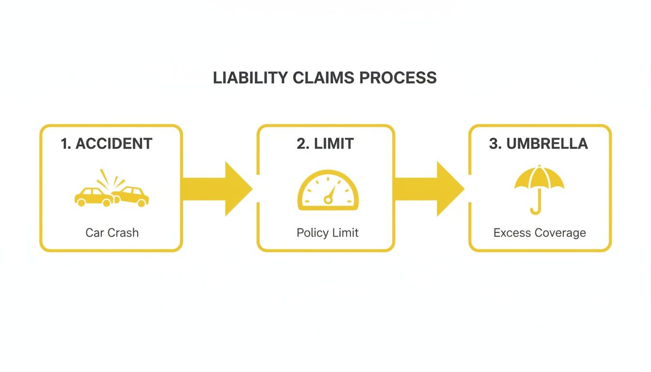 Flowchart detailing the liability claims process: 1. Accident (car crash), 2. Policy Limit, 3. Umbrella (excess coverage).