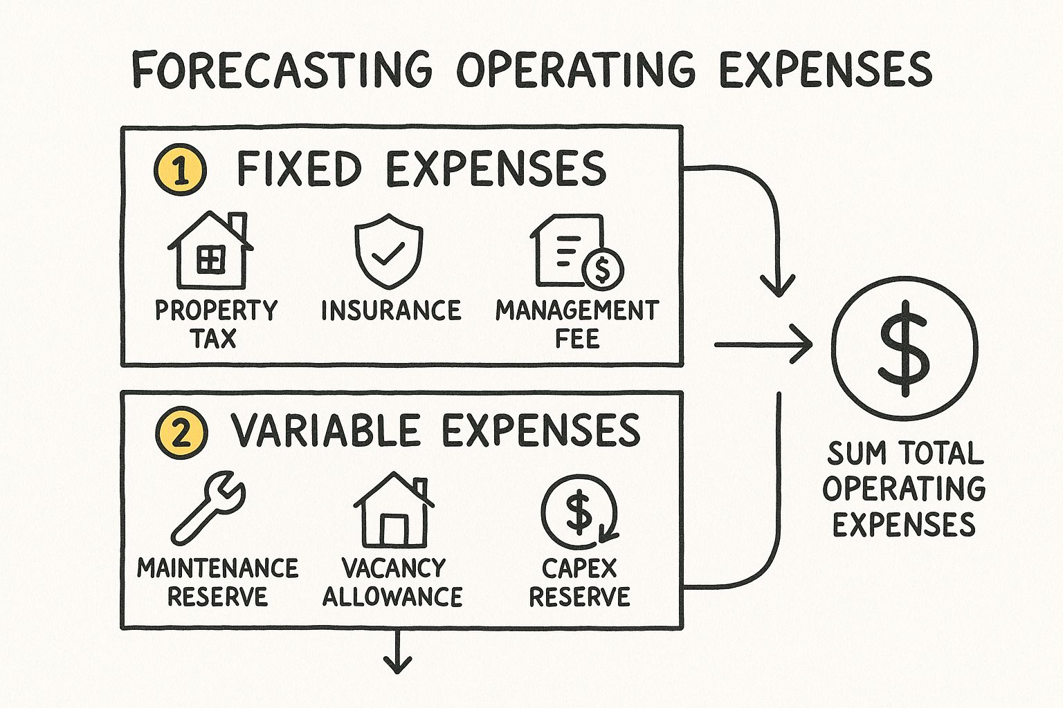 Infographic showing a three-step process for forecasting operating expenses, including fixed expenses, variable expenses, and their sum.