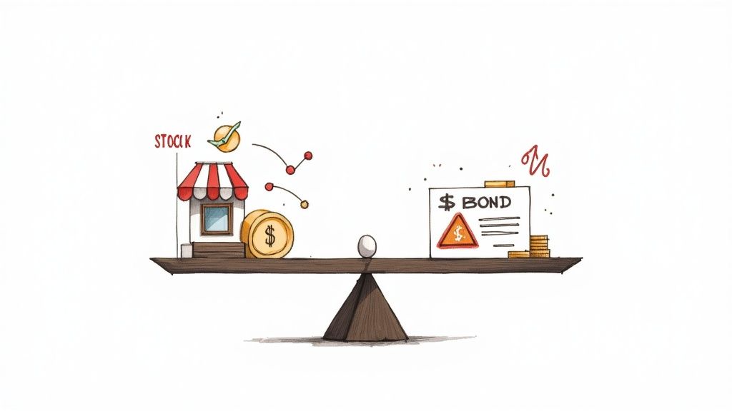An illustrated chart comparing stocks, represented by a rising graph, and bonds, represented by a shield.