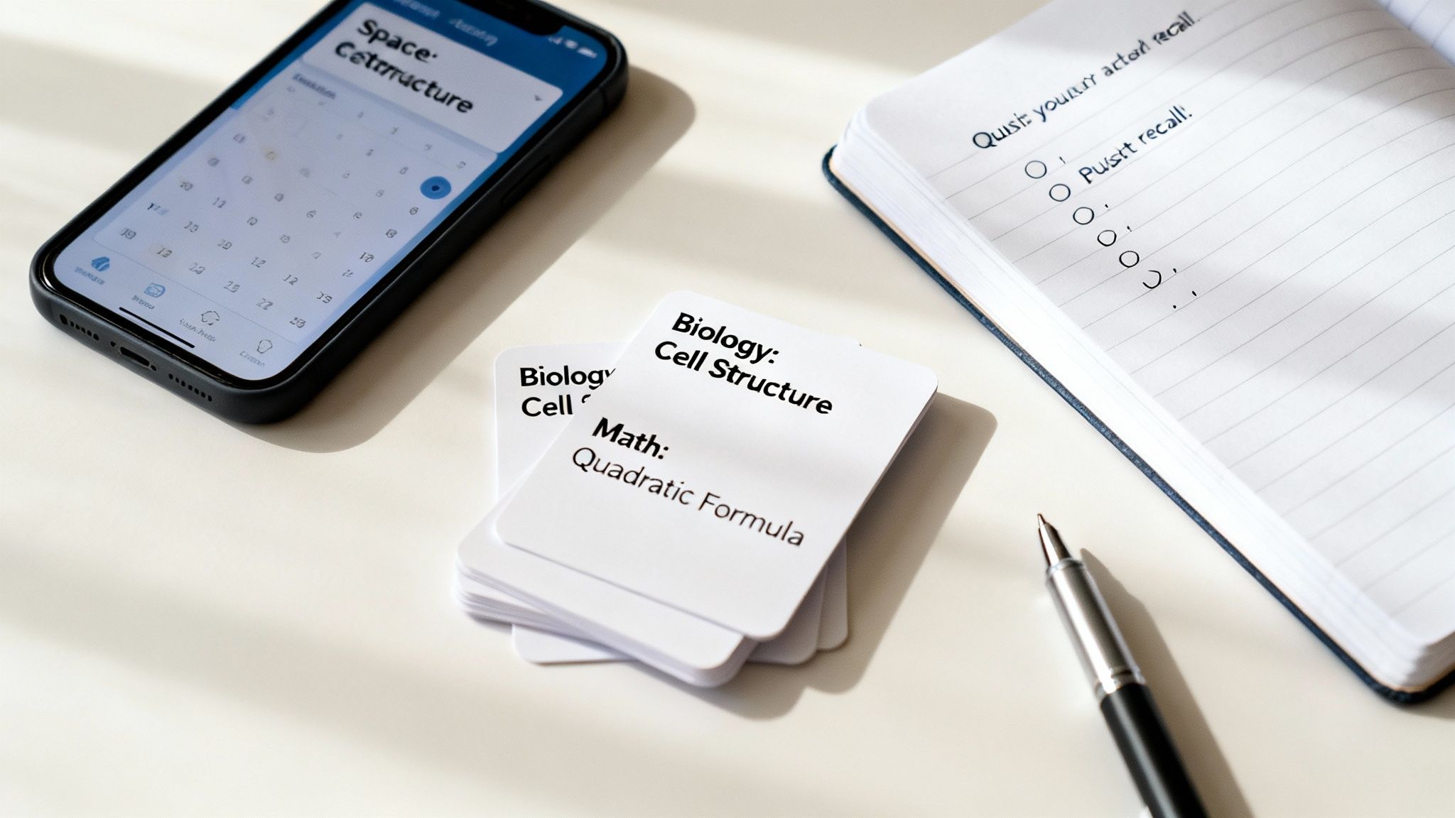 A student's desk with a smartphone showing a calendar, flashcards, a notebook, and a pen for studying.