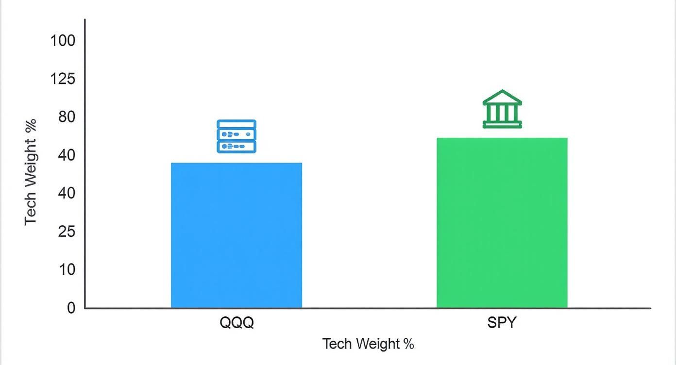 Bar chart comparing the Tech Weight percentage for QQQ and SPY, indicating SPY has a higher tech weighting.