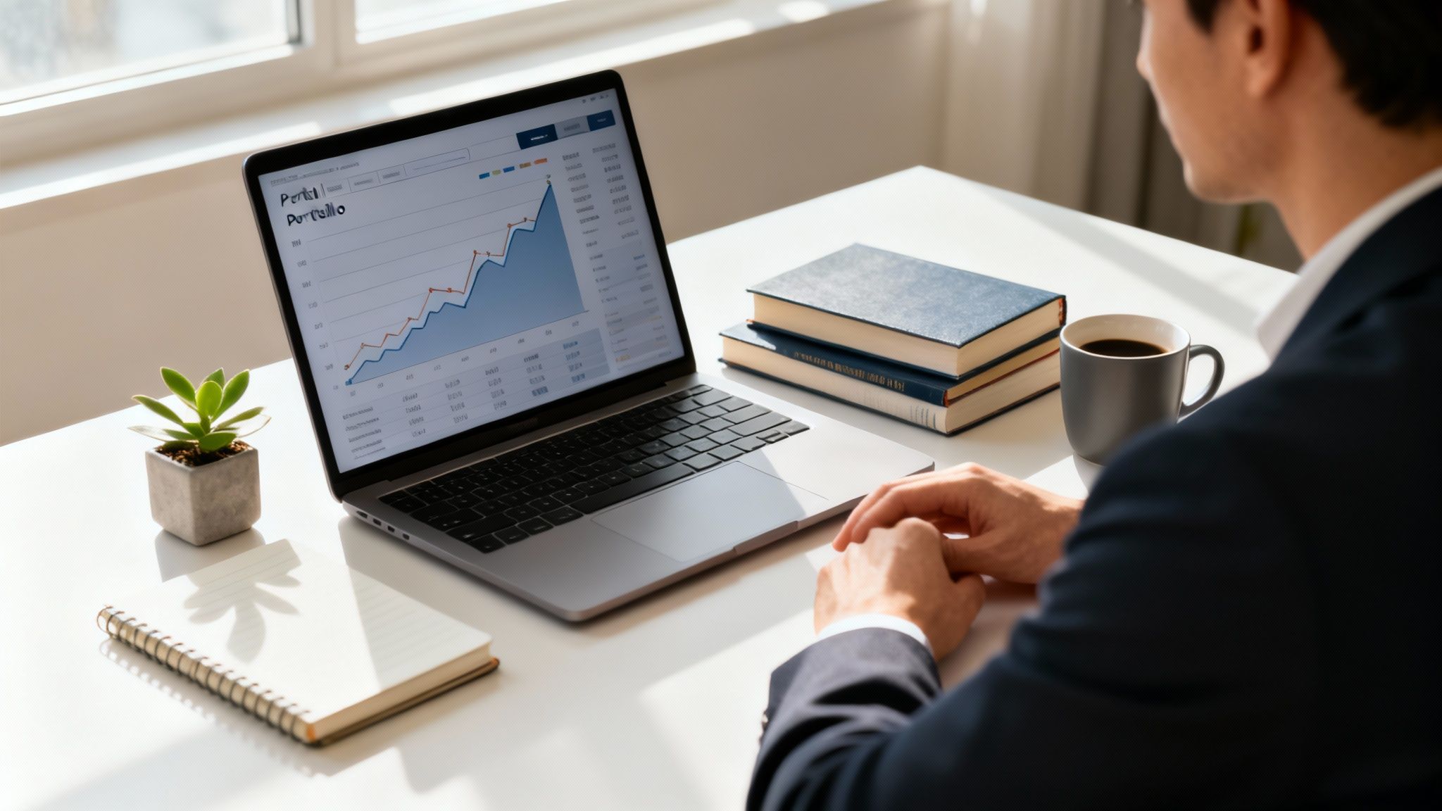 A businessman reviews financial data on a laptop, with books, coffee, and a plant on the desk.