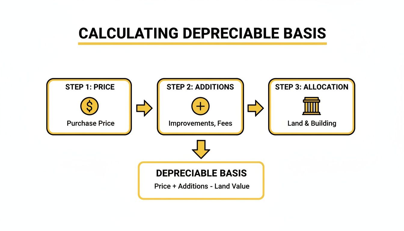 Flowchart illustrating the calculation of depreciable basis for real estate, detailing price, additions, and land value allocation.
