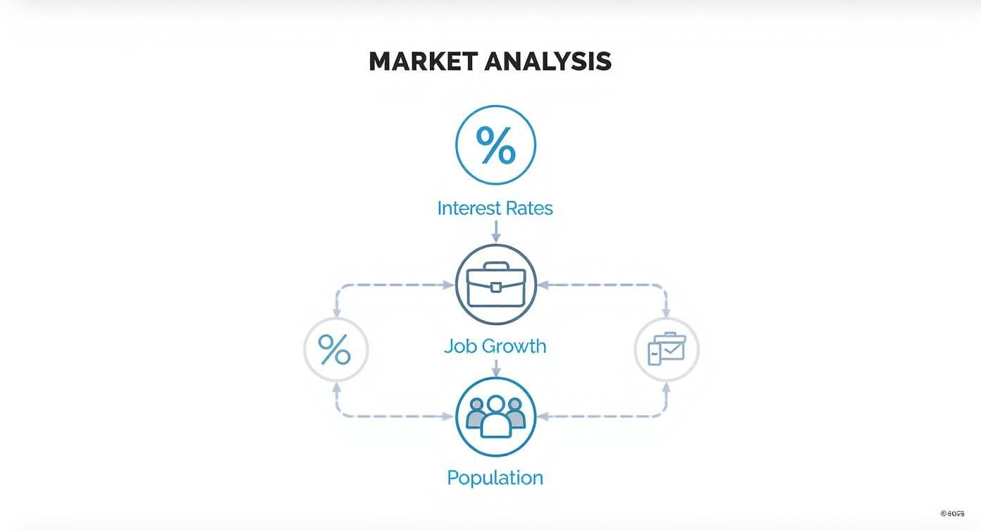 An infographic decision tree showing how factors like interest rates, job growth, and population trends influence real estate investment decisions.