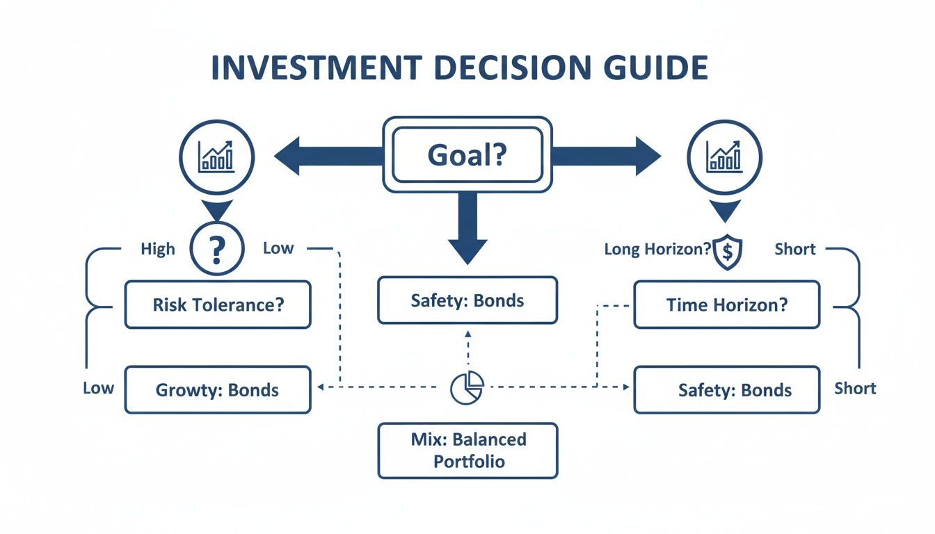 Flowchart illustrating an investment decision guide based on goal, risk tolerance, and time horizon for different portfolios.