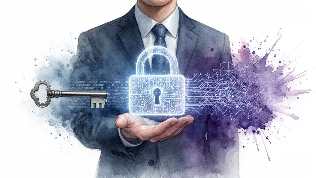 A businessman holds a glowing digital padlock with a key, symbolizing cybersecurity and data protection.