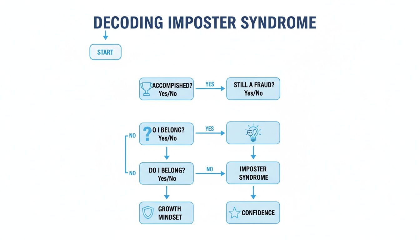 Flowchart titled 'Decoding Imposter Syndrome', illustrating decision paths leading to imposter syndrome or confidence.