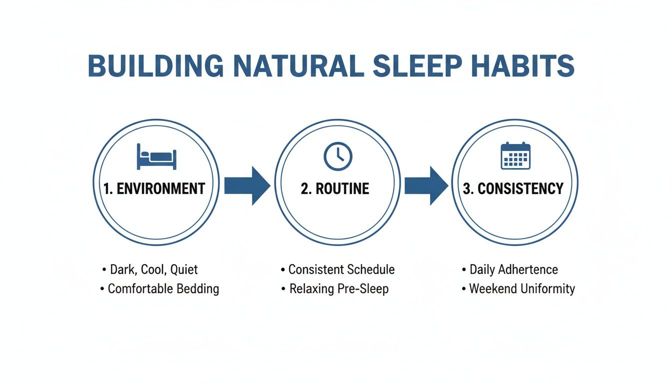 Infographic illustrating three steps to build natural sleep habits: environment, routine, and consistency.