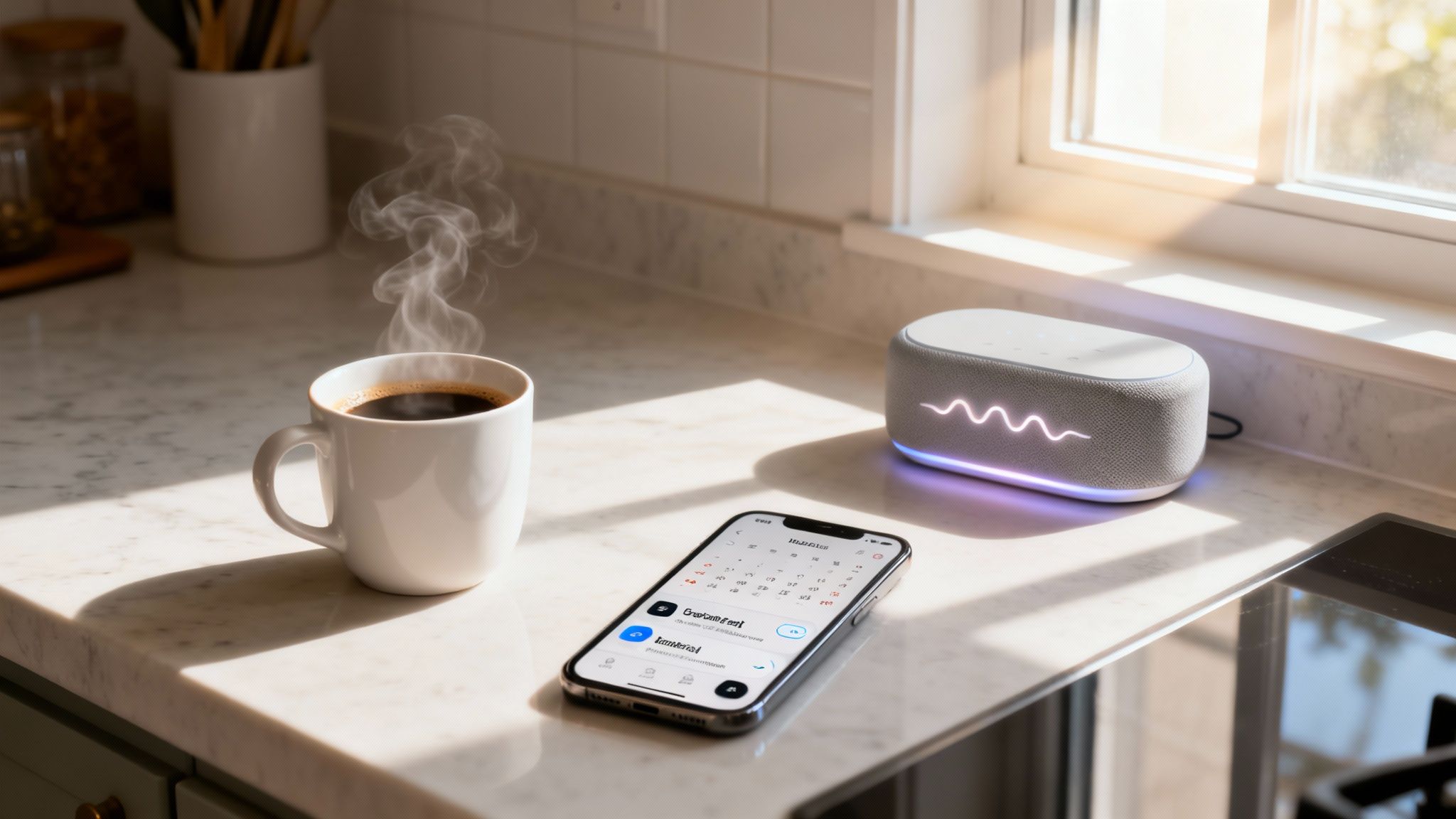 A warm cup of coffee, smartphone, and smart speaker on a sunny kitchen counter.