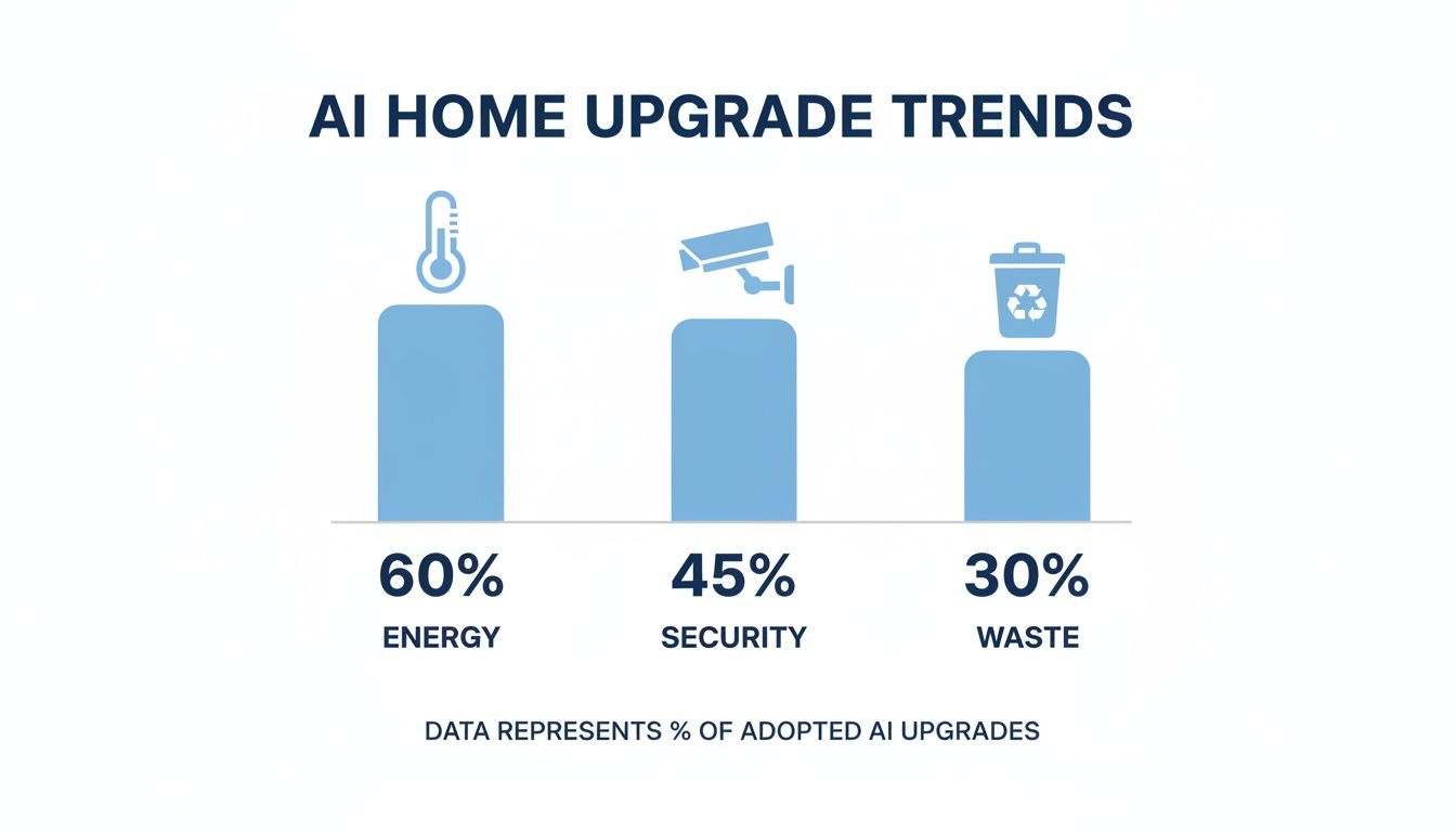 Bar chart illustrating AI home upgrade trends, with energy at 60%, security at 45%, and waste at 30%.