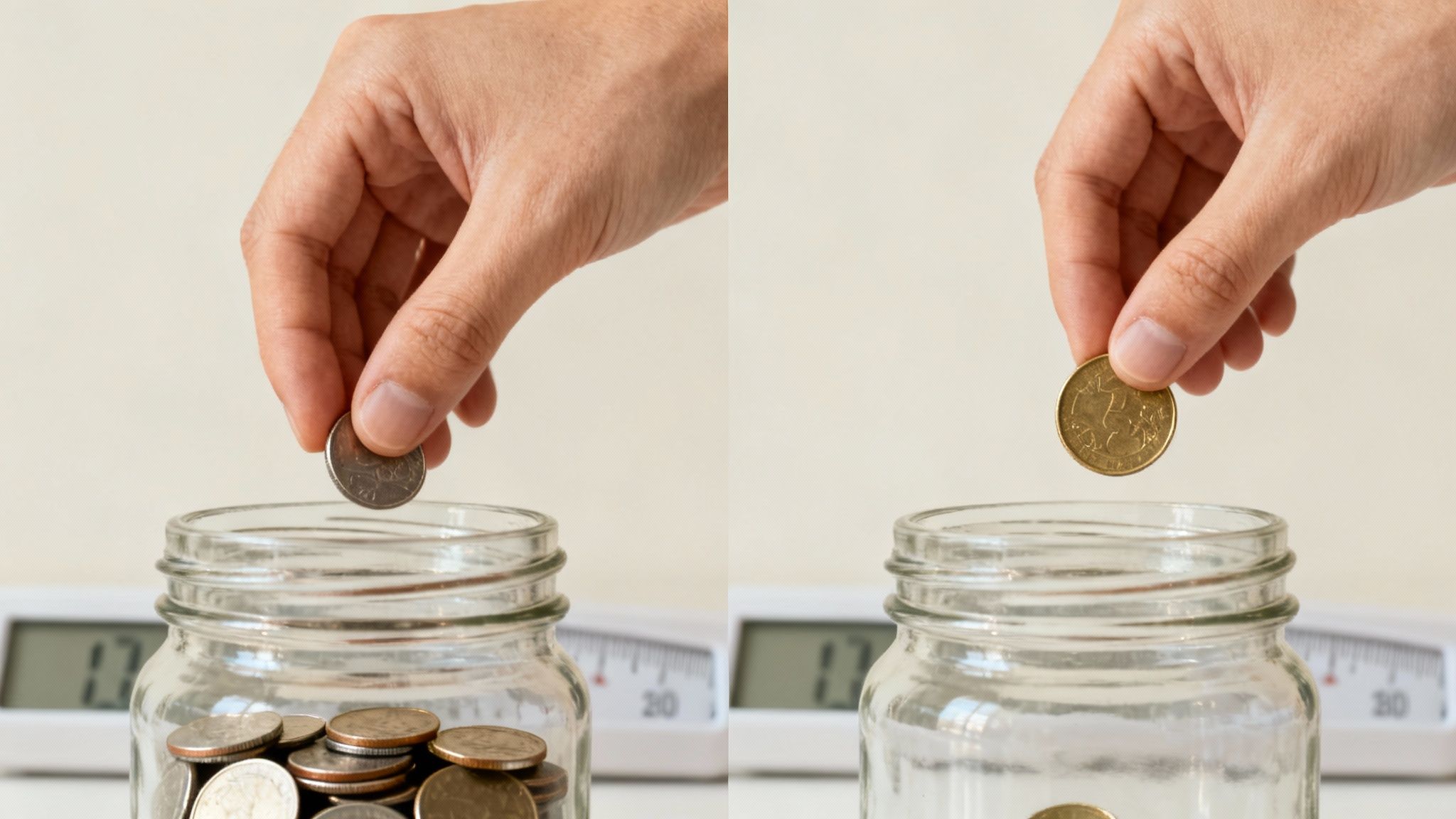 Hands deposit coins into glass jars, illustrating saving or regular investment over time.
