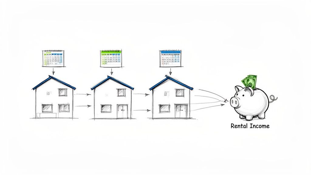 Hand-drawn illustration depicting multiple houses generating rental income into a piggy bank over time.
