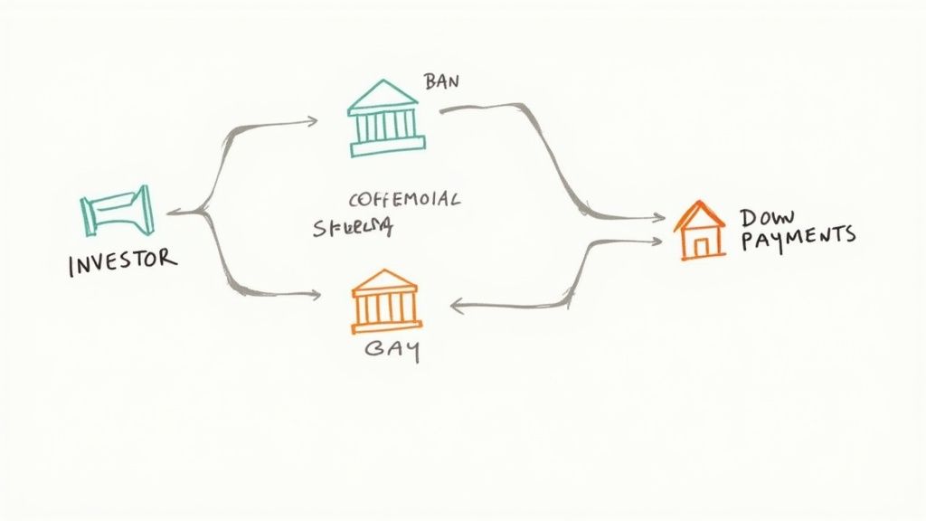 A person signing loan documents at a desk with a calculator and keys nearby.