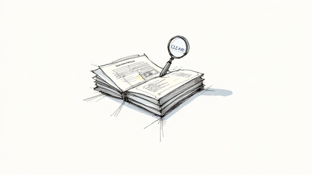 Illustration of an open book with documents and a magnifying glass showing 'CLEAR', symbolizing thorough review and clarity.