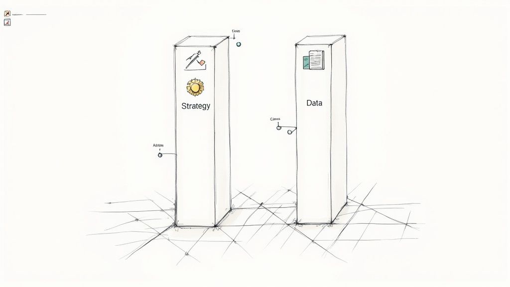 Two pillars showing strategy and data foundations for AI-driven stock trading systems architecture