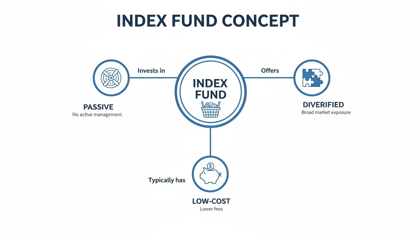 Infographic explaining index fund concept: passive, diversified, and low-cost features.