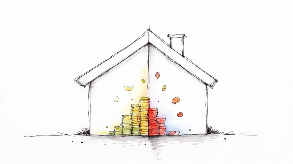 An upward-trending financial graph superimposed over a modern residential building, symbolizing the growth potential of rental property cash flow.