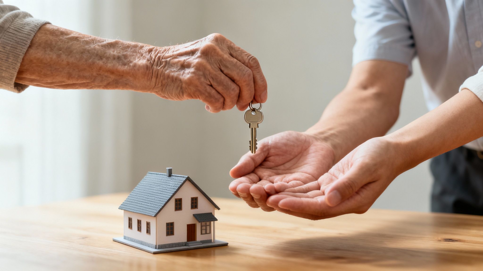 An older hand passes a house key to a younger person's hands, with a miniature house on a table.
