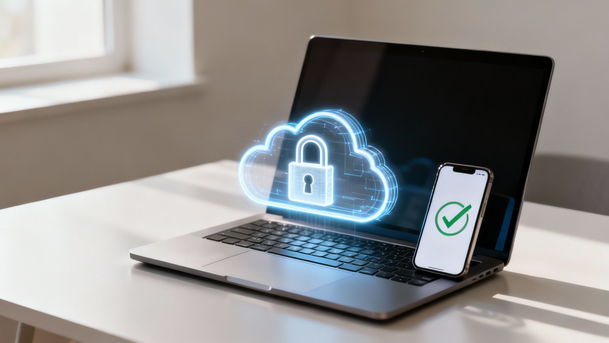 Laptop displaying a glowing secure cloud icon with a padlock and a smartphone showing a green checkmark.