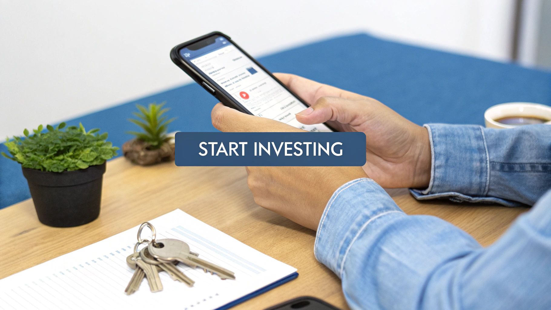 A person holds a smartphone with an investment app, with a 'START INVESTING' button overlay. Keys and documents are on the table.
