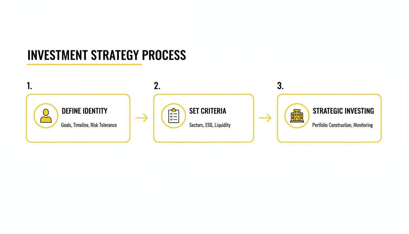 A three-step investment strategy process: defining identity, setting criteria, and strategic investing.