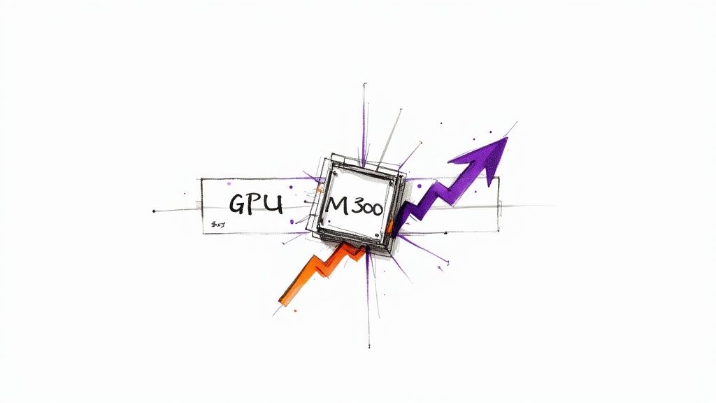A hand-drawn sketch of a 'GPU M300' chip with a purple upward arrow, symbolizing improved performance.