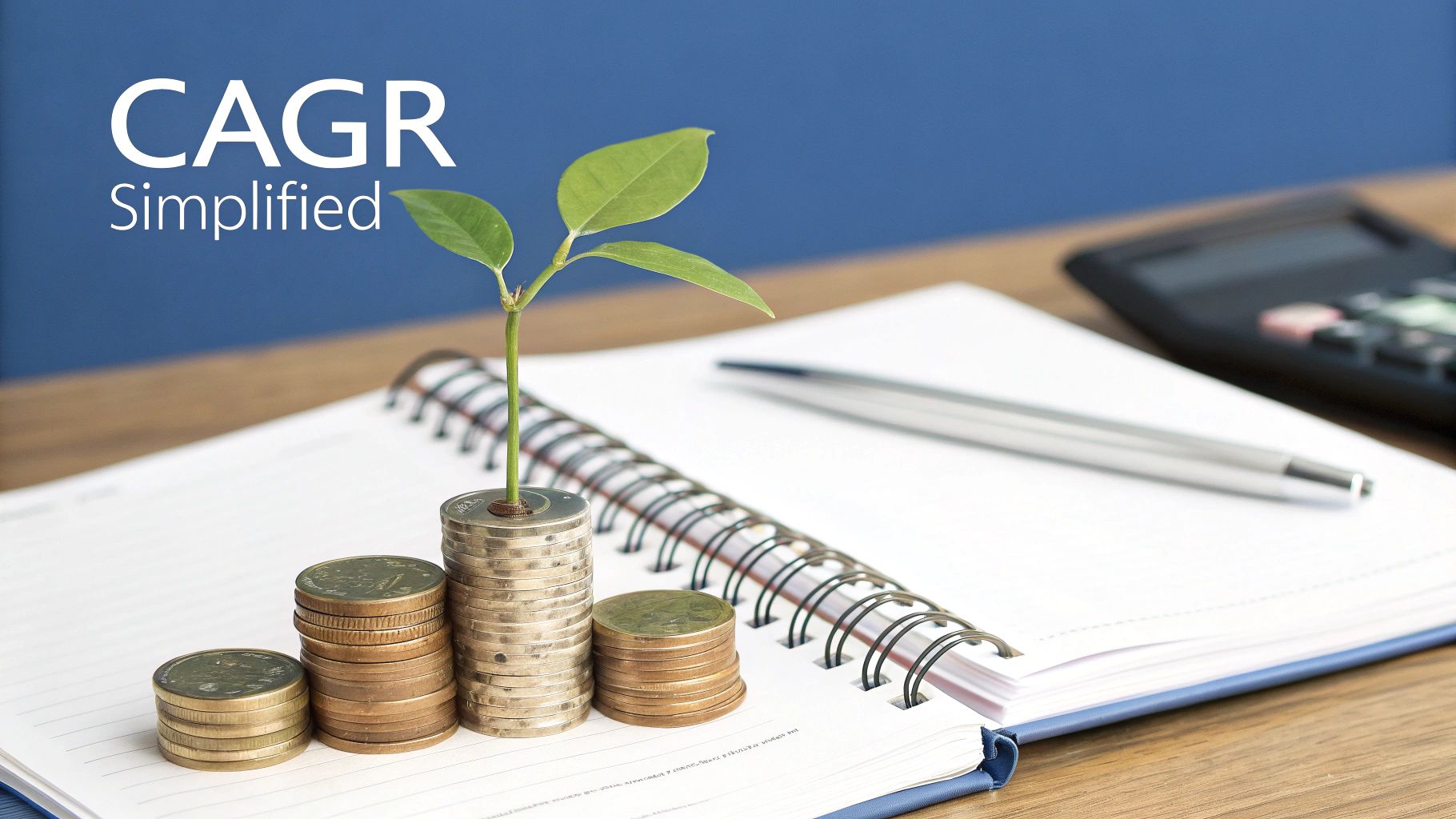 CAGR Simplified text above coins, a growing plant, notebook, and calculator for financial planning.
