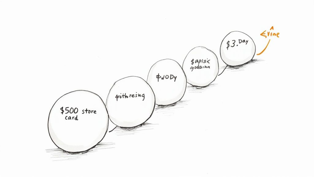 Hand-drawn illustration of five egg-shaped steps representing financial debt progression.