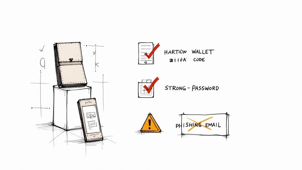 Person securing a digital shield over a cryptocurrency symbol