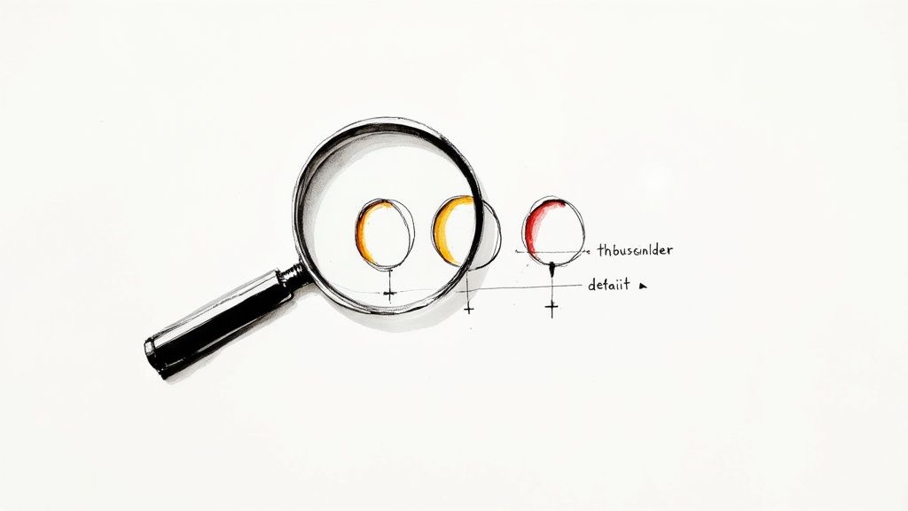 A magnifying glass examines three stylized female symbols with orange and red highlights, labeled 'detaill'.