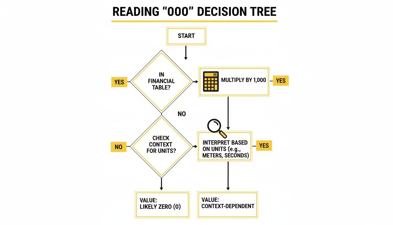 A decision tree flowchart illustrating how to interpret '000' values based on financial context and units.