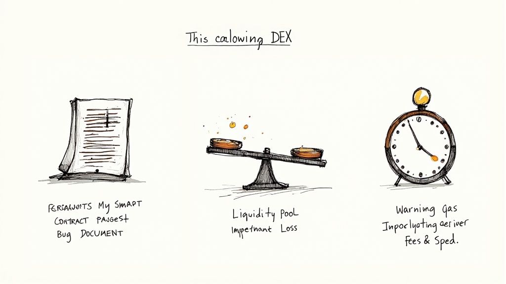 A red warning sign with a cryptocurrency symbol, illustrating the risks involved in decentralized exchanges.