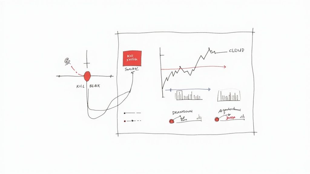 Hand-drawn diagram showing AI stock trading system with kill switch, cloud data, and trading signals